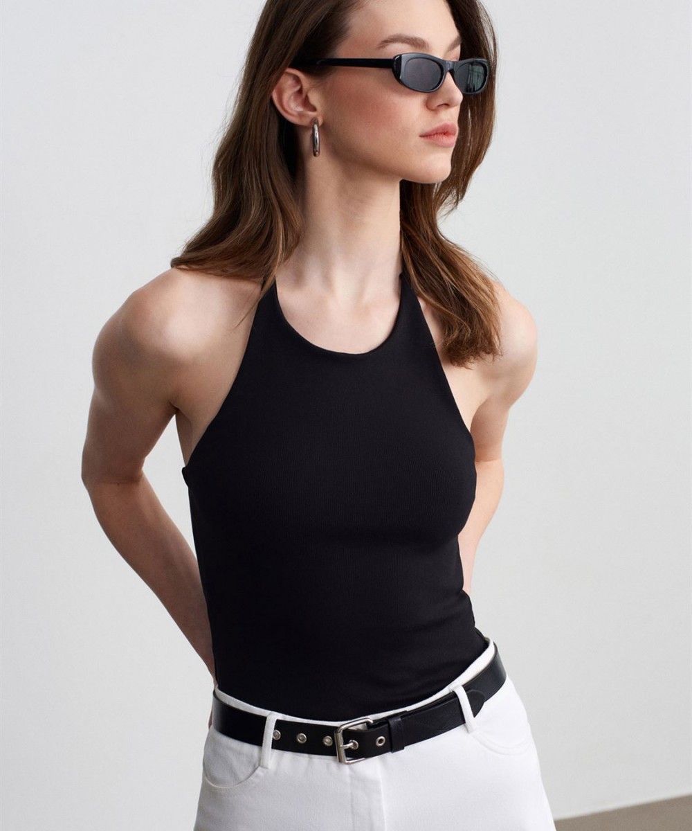 Halter Yaka Askılı Top-Siyah