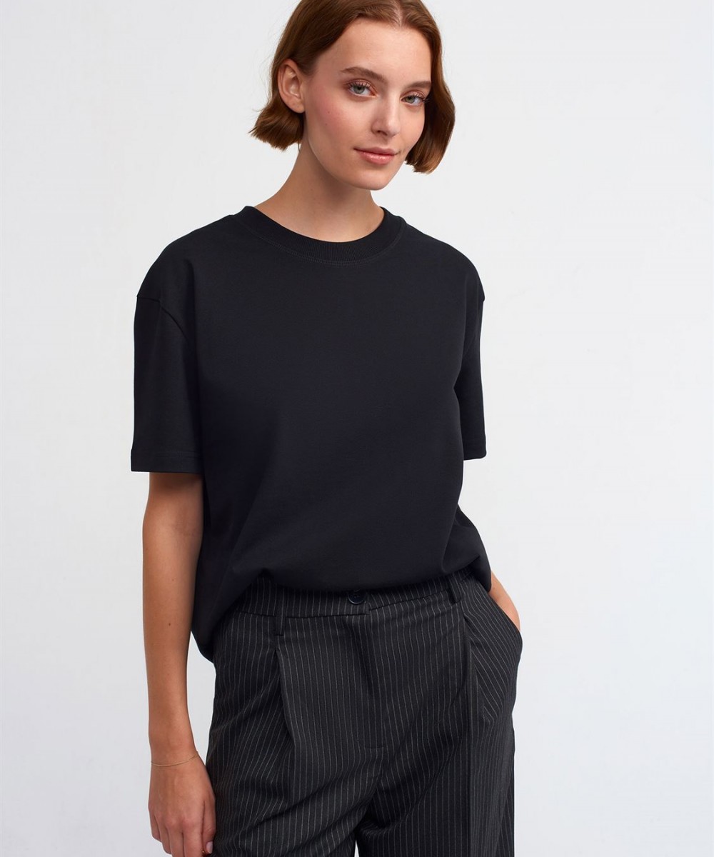 %100 Pamuk Bisiklet Yaka T-Shirt-Siyah