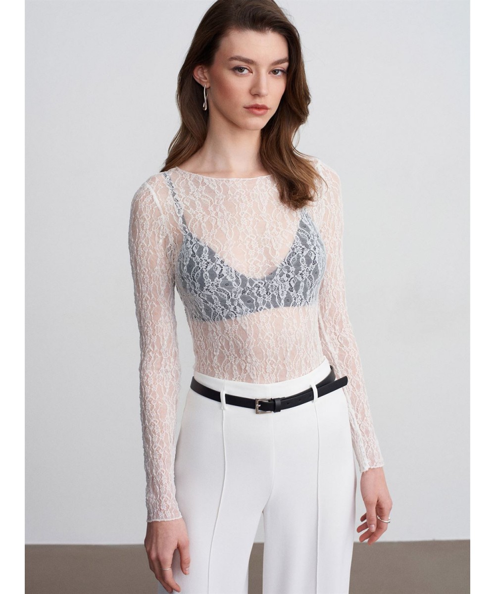 Kayık Yaka Dantel Top-Ekru