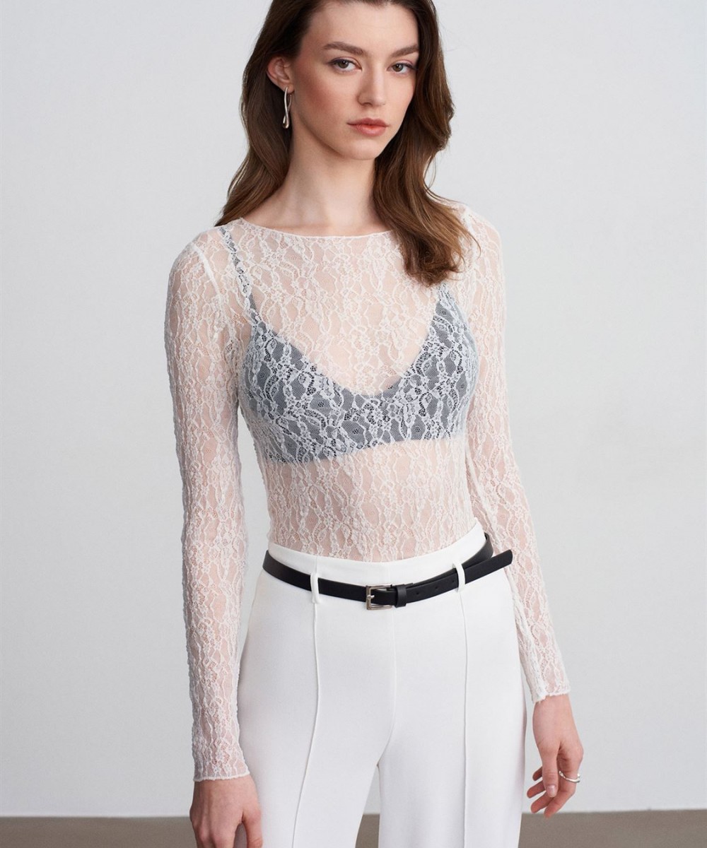 Kayık Yaka Dantel Top-Ekru