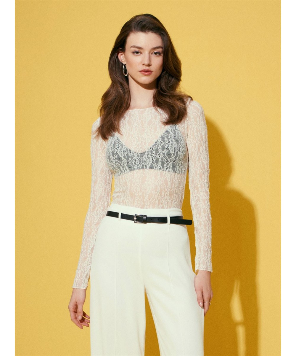 Kayık Yaka Dantel Top-Ekru