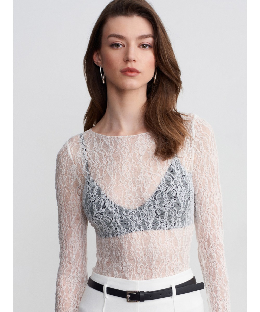 Kayık Yaka Dantel Top-Ekru