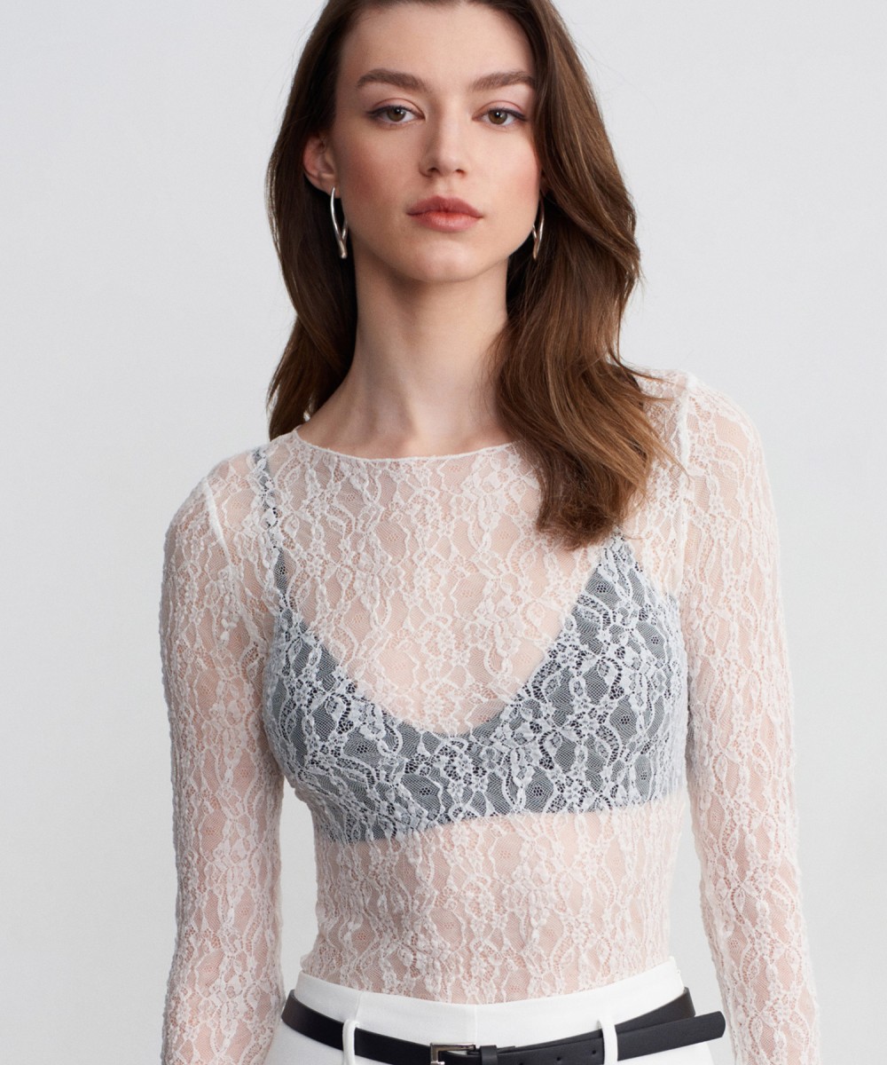 Kayık Yaka Dantel Top-Ekru