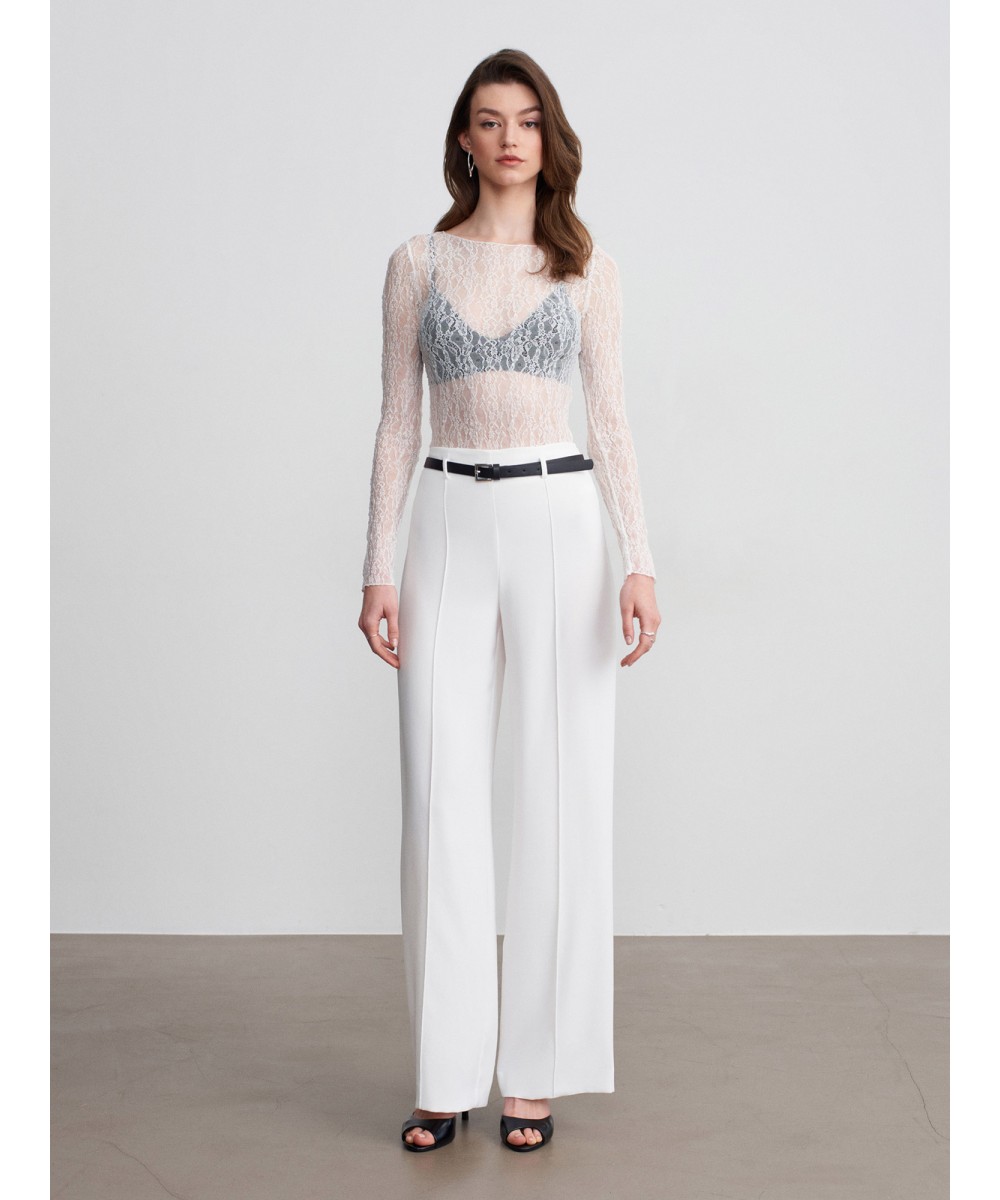 Kayık Yaka Dantel Top-Ekru