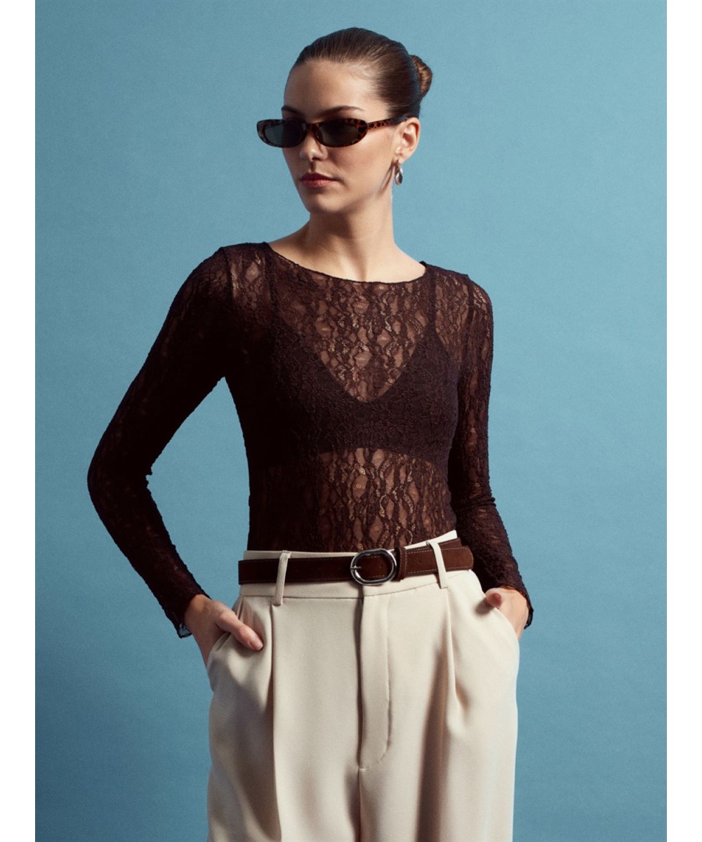 Kayık Yaka Dantel Top-Koyu Kahve