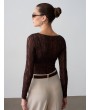 Kayık Yaka Dantel Top-Koyu Kahve