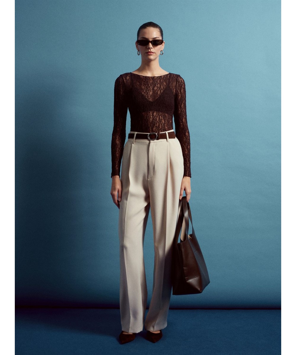 Kayık Yaka Dantel Top-Koyu Kahve