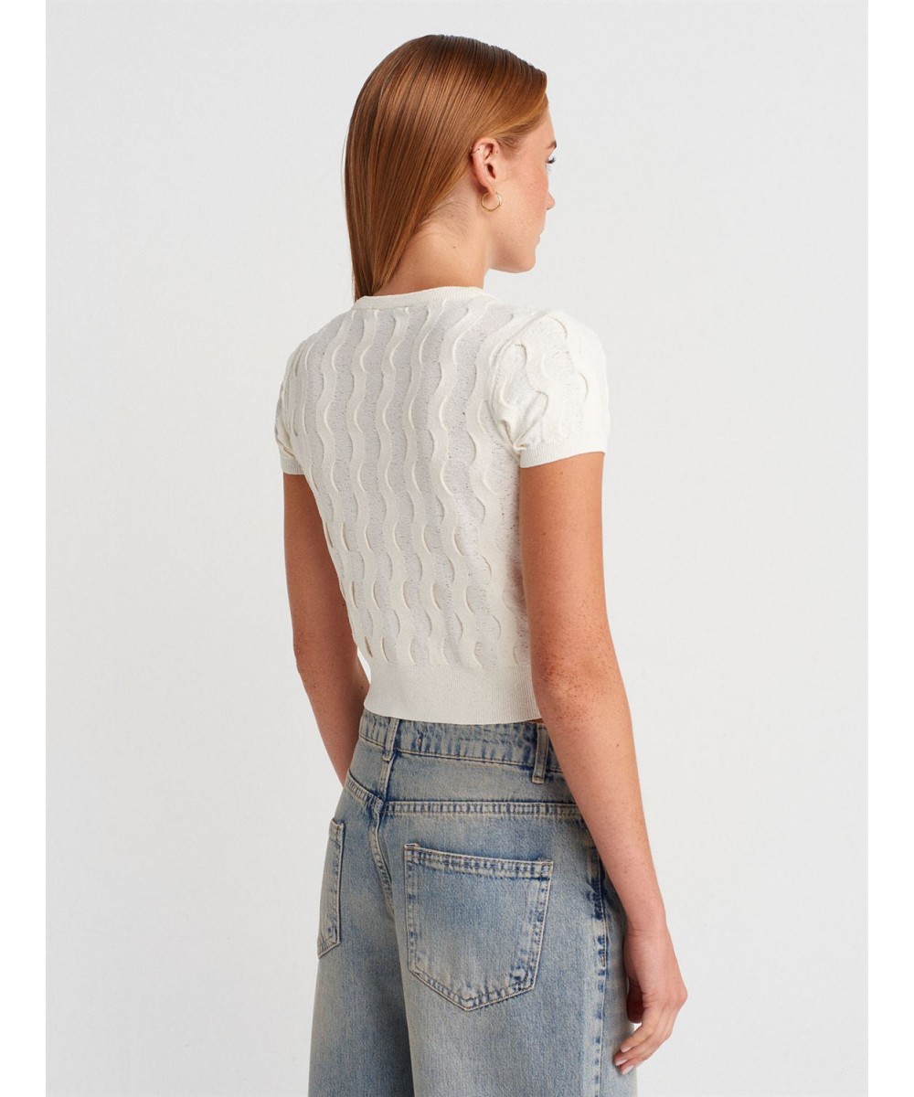 Bisiklet Yaka Dokulu Triko Hırka-Beyaz