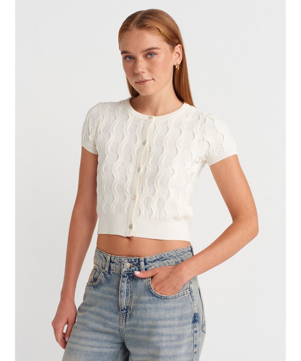 Bisiklet Yaka Dokulu Triko Hırka-Beyaz