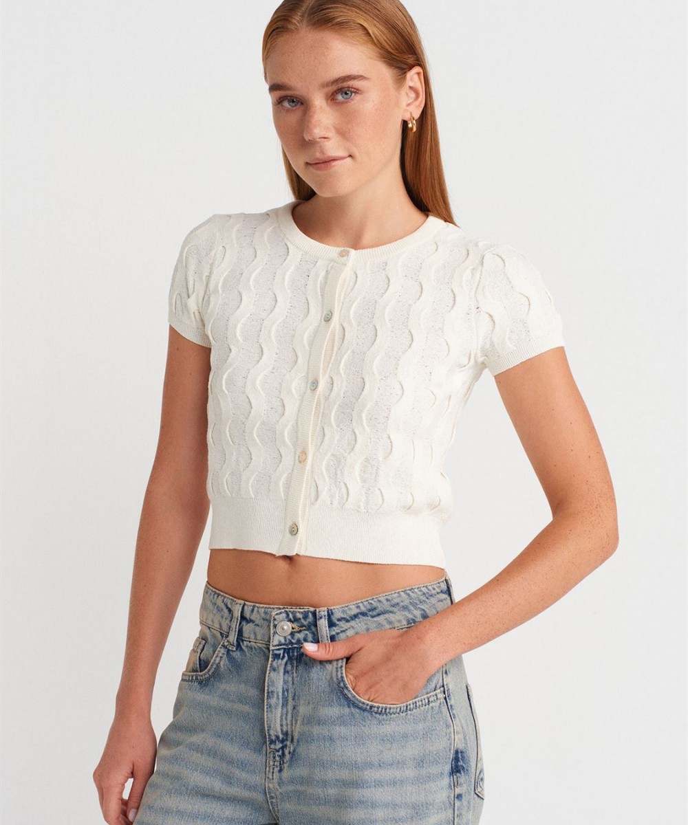 Bisiklet Yaka Dokulu Triko Hırka-Beyaz