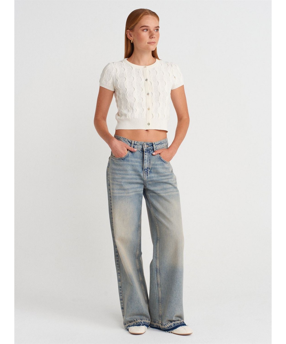 Bisiklet Yaka Dokulu Triko Hırka-Beyaz