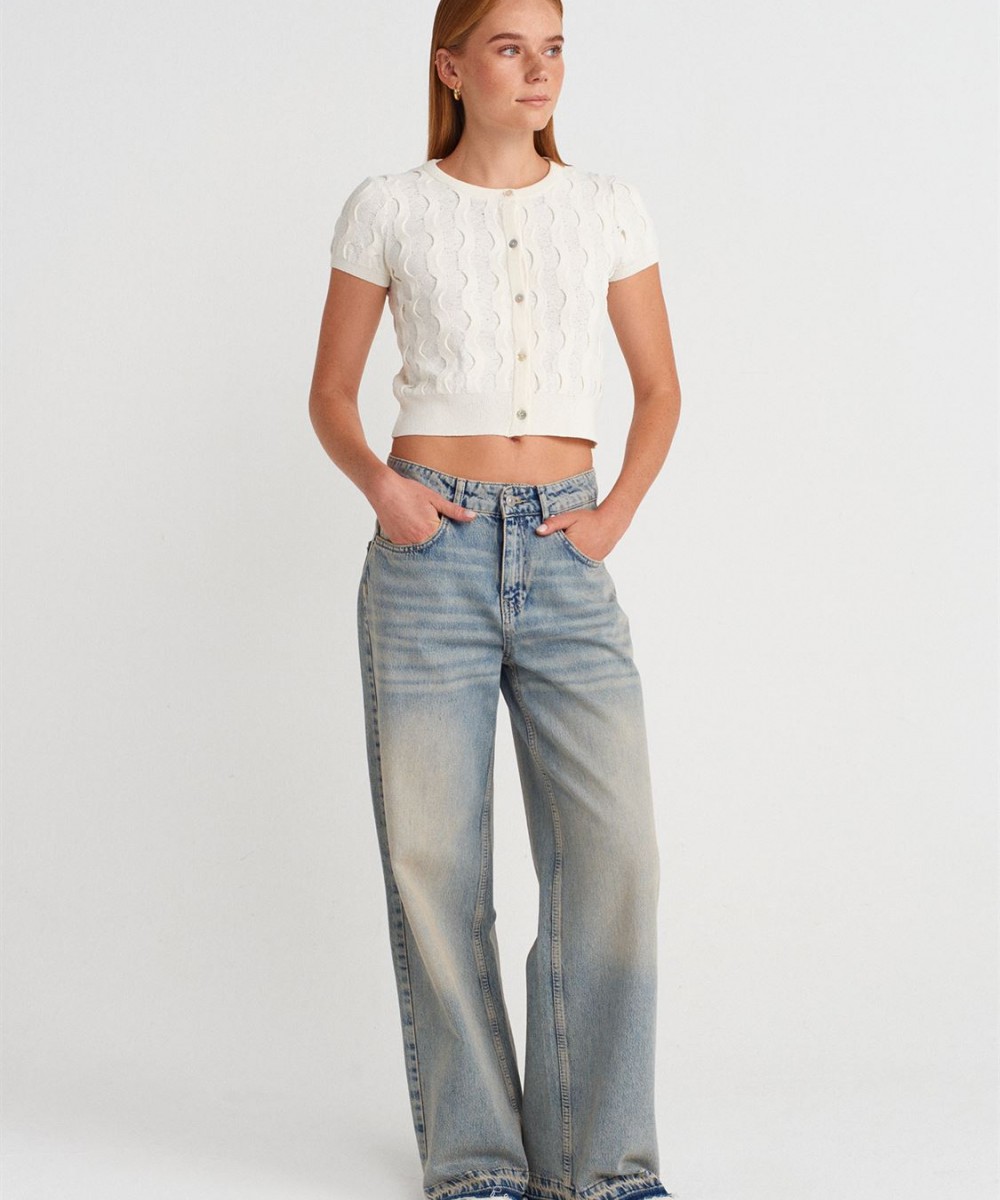 Bisiklet Yaka Dokulu Triko Hırka-Beyaz