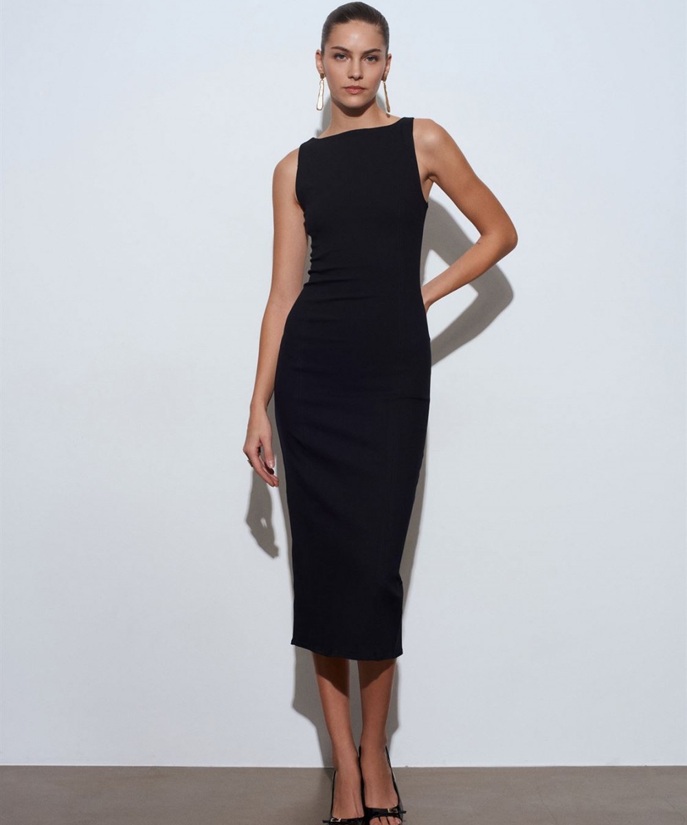 Extra Slim Fit Midi Elbise-Siyah
