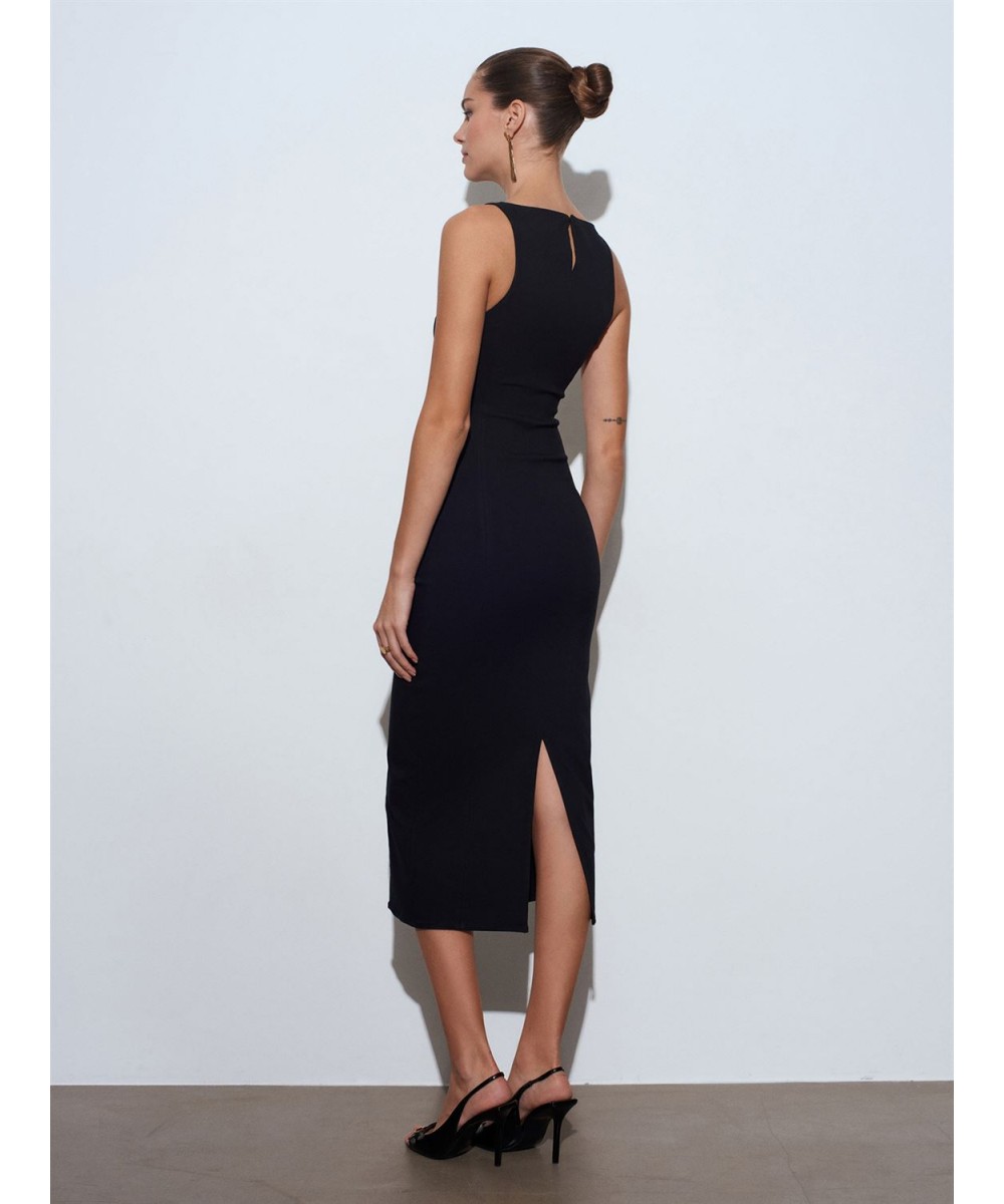 Extra Slim Fit Midi Elbise-Siyah