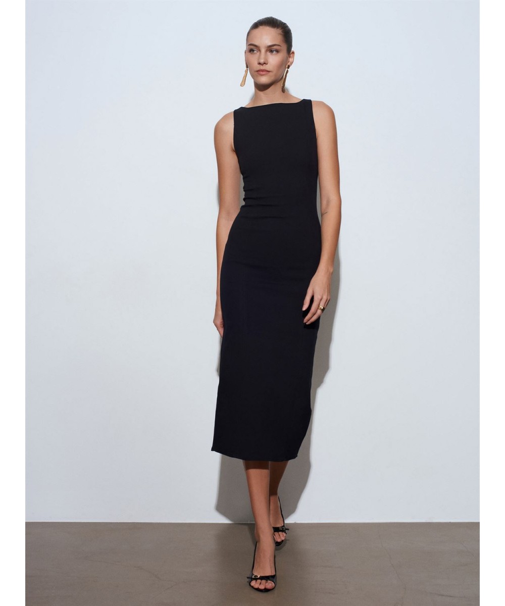 Extra Slim Fit Midi Elbise-Siyah
