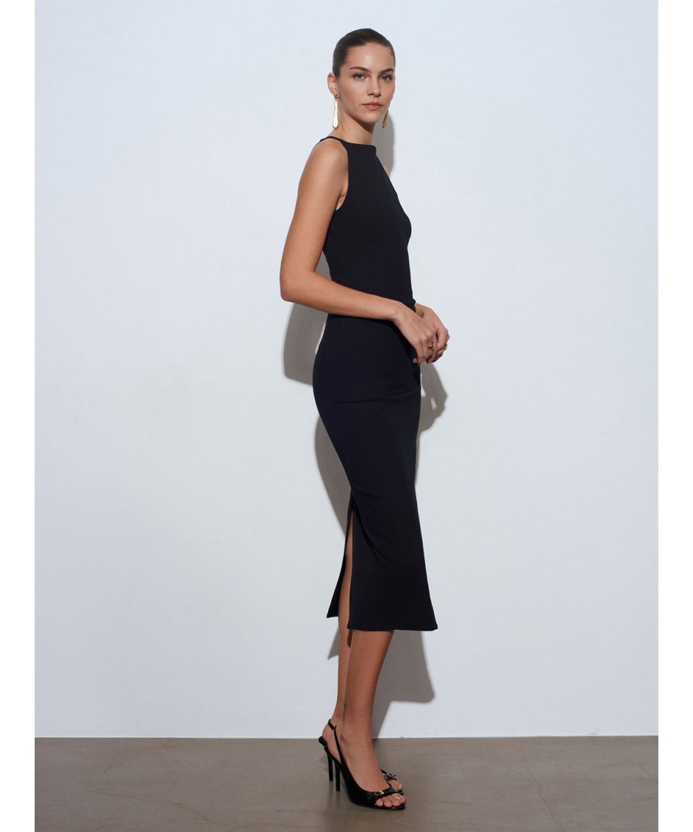 Extra Slim Fit Midi Elbise-Siyah