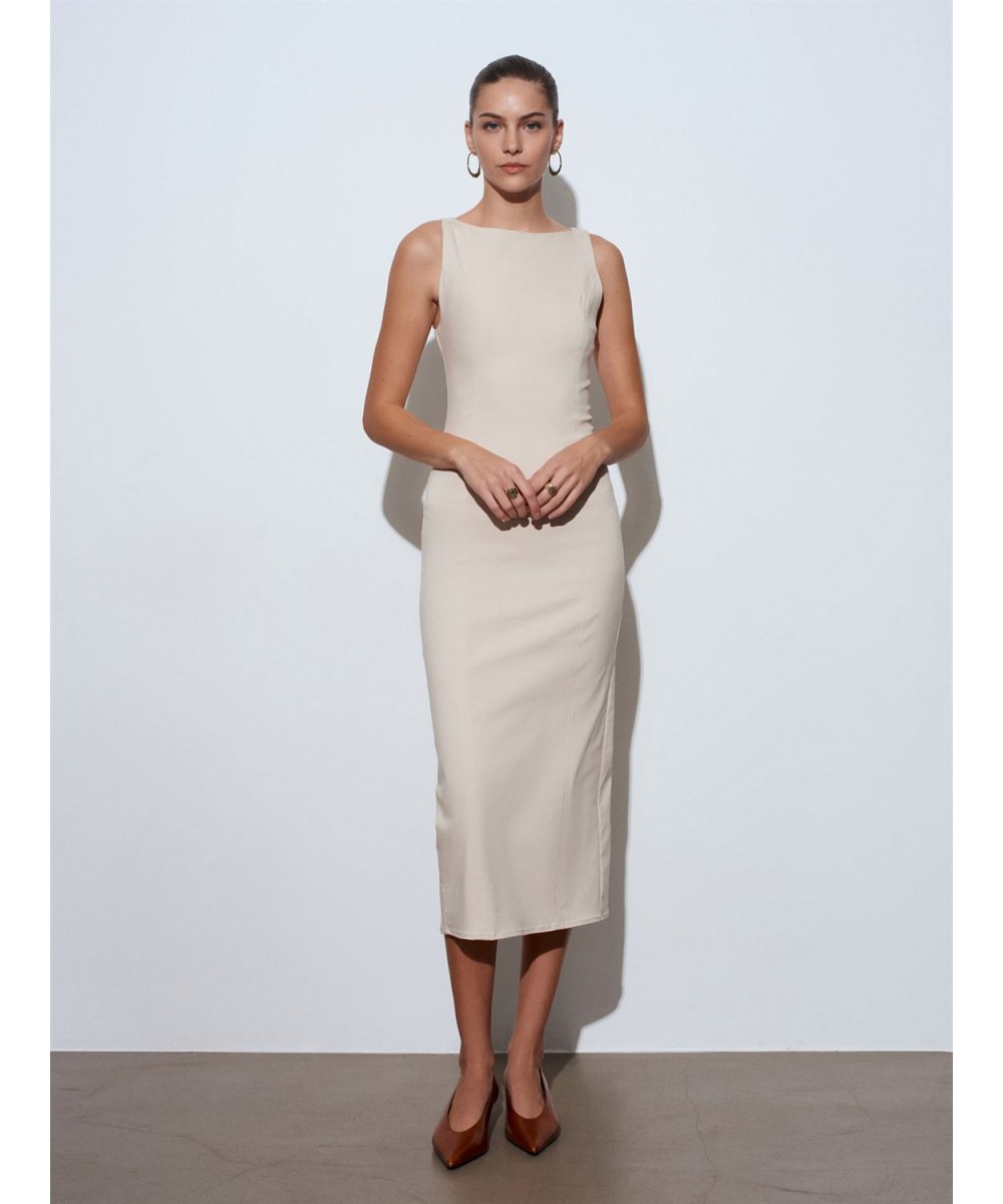 Extra Slim Fit Midi Elbise-Taş