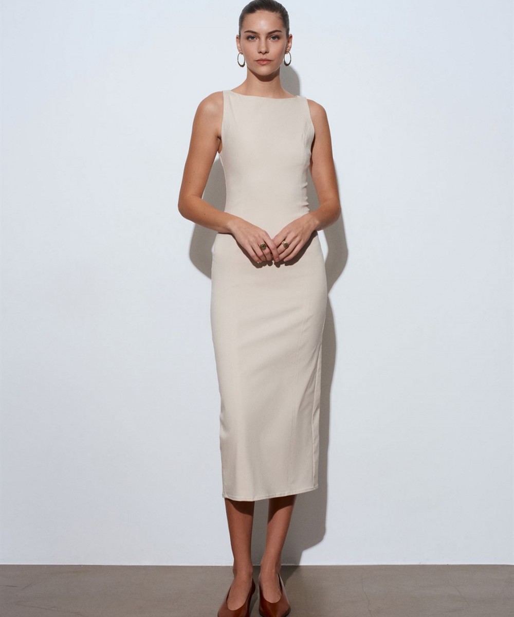 Extra Slim Fit Midi Elbise-Taş