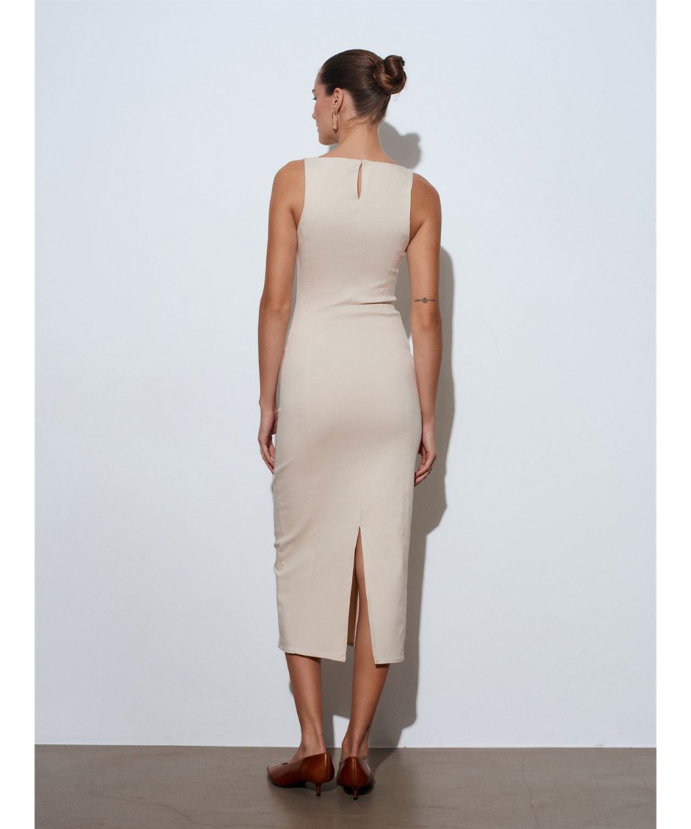 Extra Slim Fit Midi Elbise-Taş