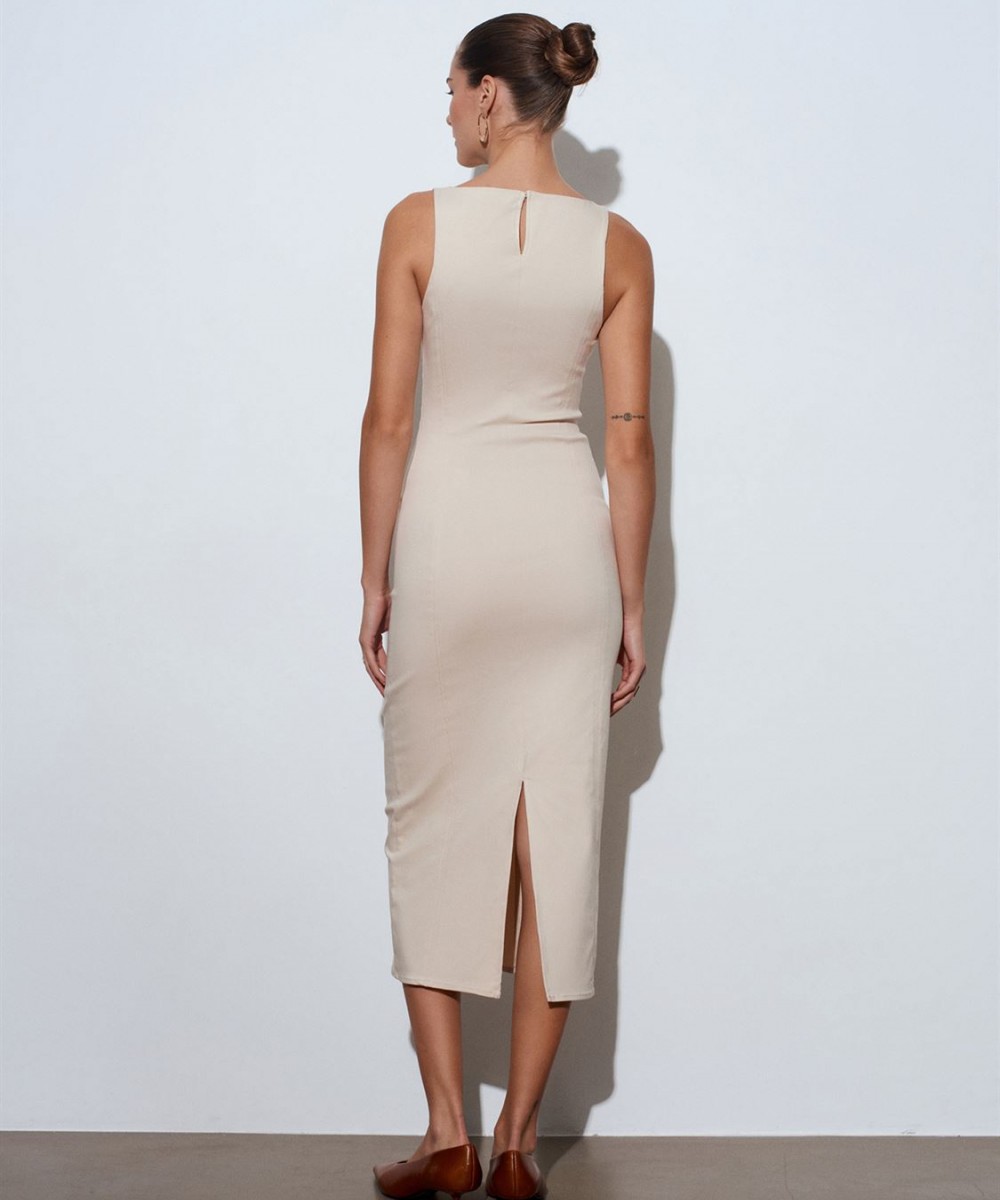 Extra Slim Fit Midi Elbise-Taş
