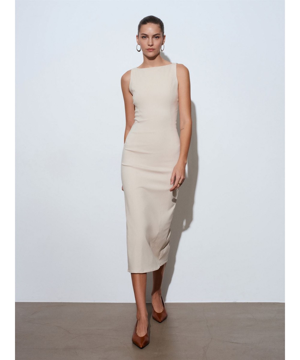 Extra Slim Fit Midi Elbise-Taş