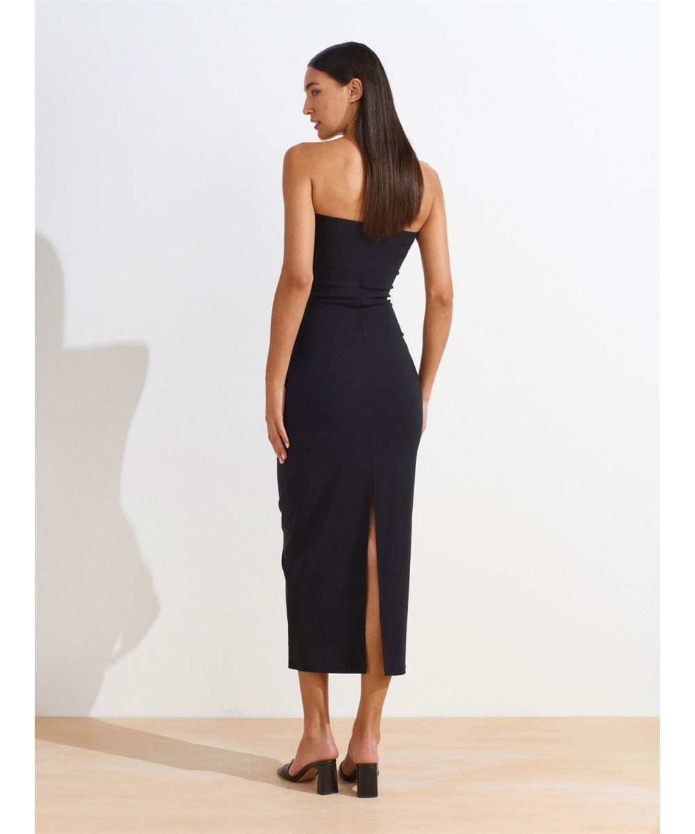 Straplez Midi Elbise-Siyah