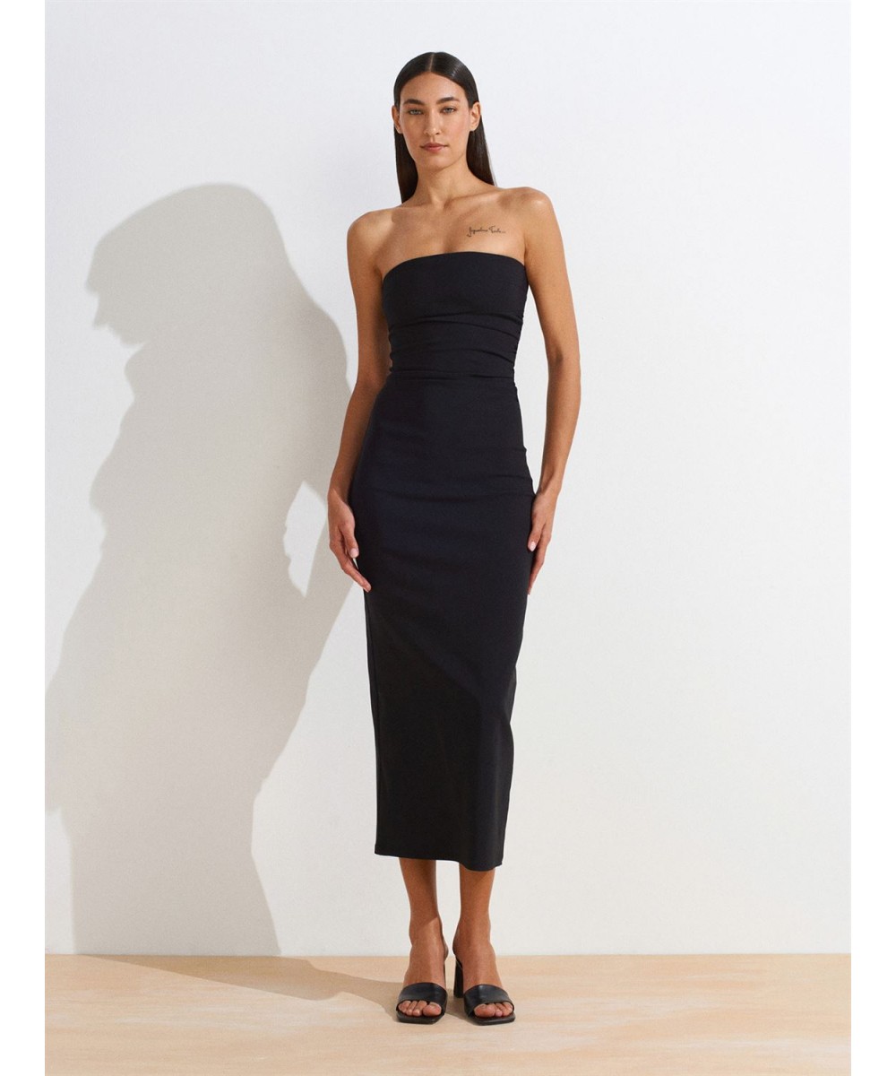 Straplez Midi Elbise-Siyah