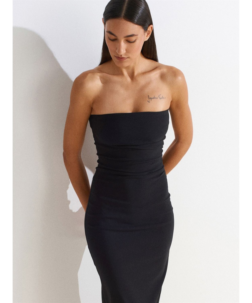 Straplez Midi Elbise-Siyah