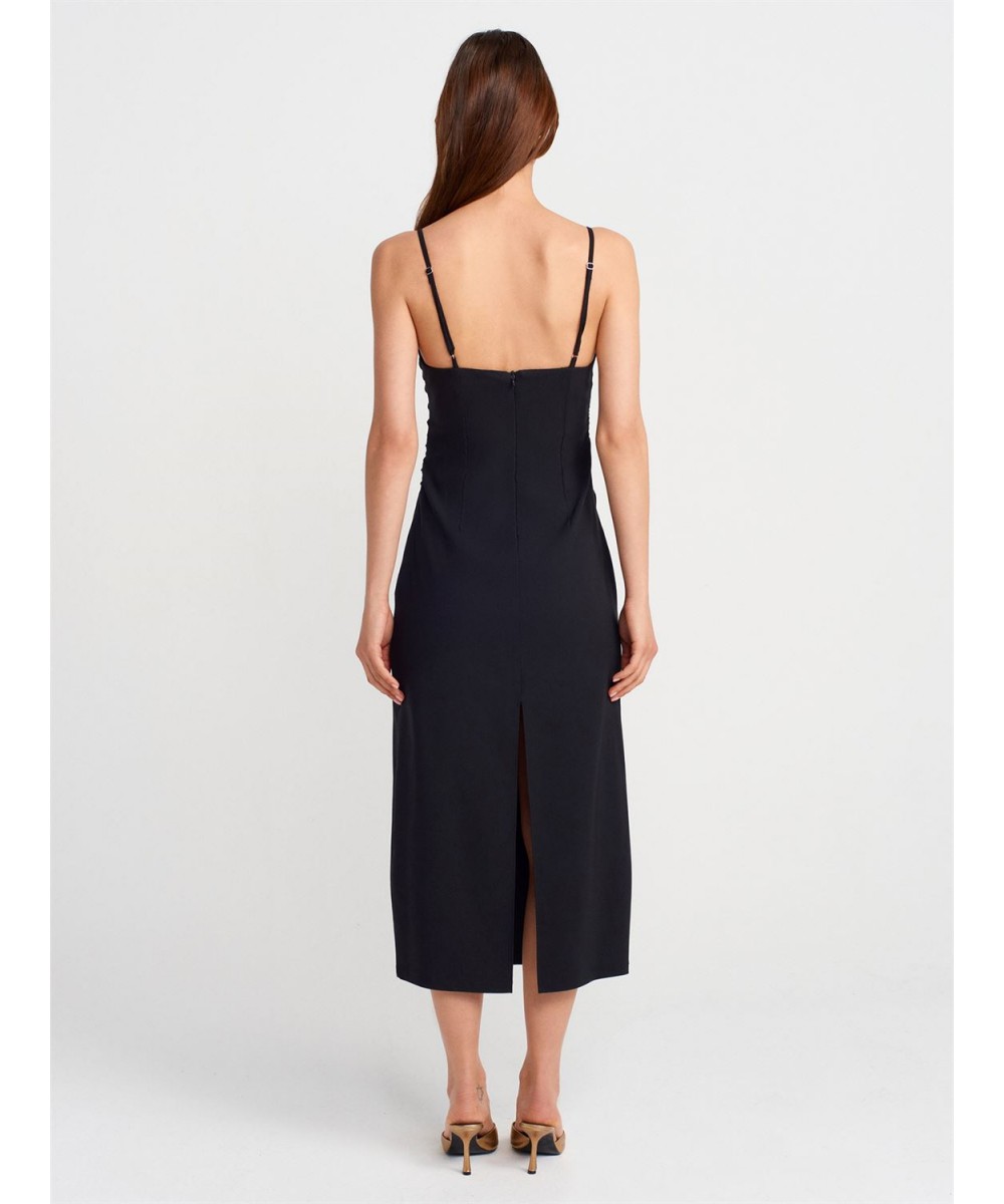 Büzgülü Midi Elbise-Siyah