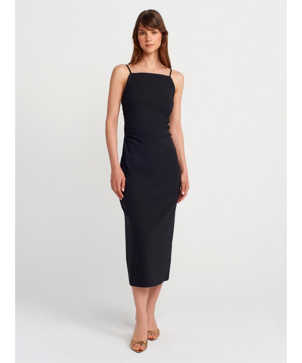 Büzgülü Midi Elbise-Siyah