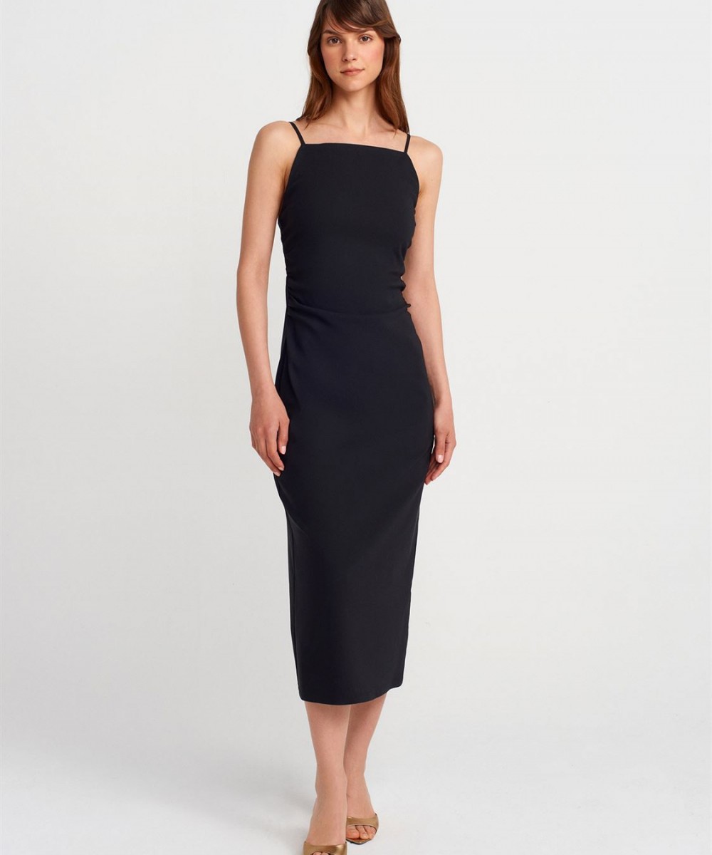 Büzgülü Midi Elbise-Siyah