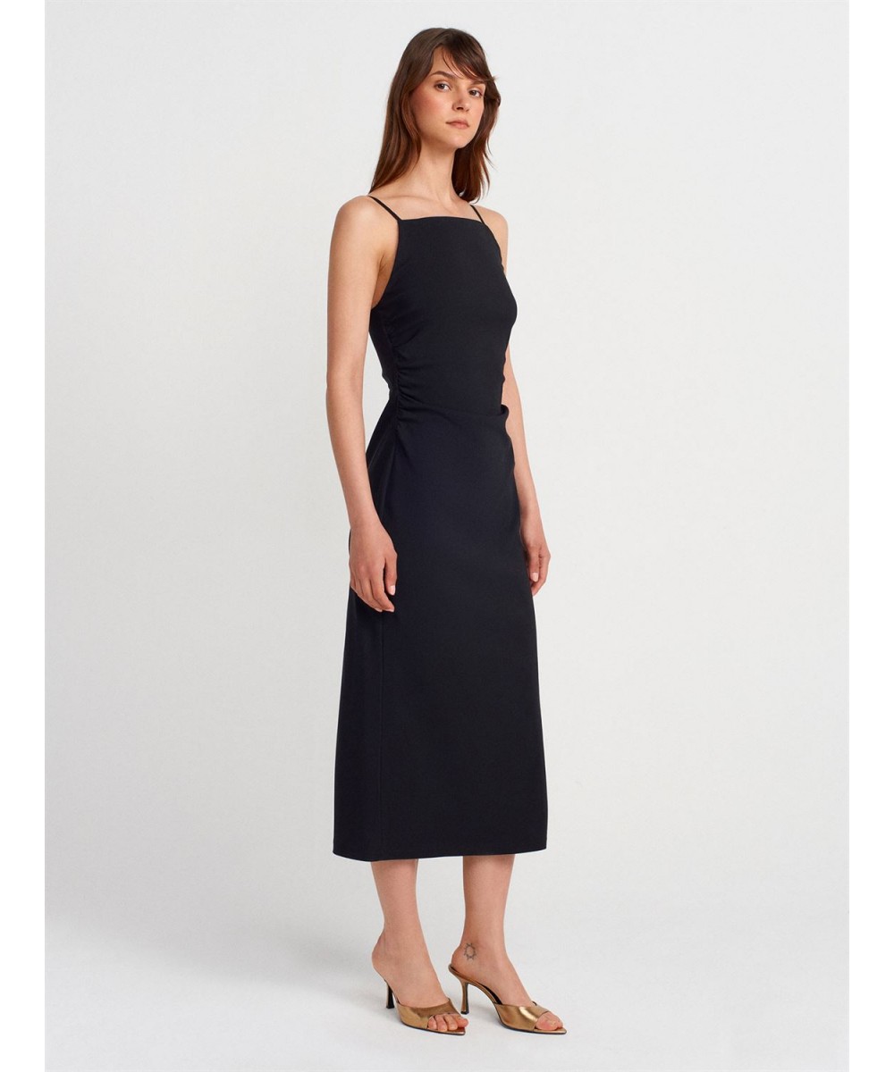 Büzgülü Midi Elbise-Siyah