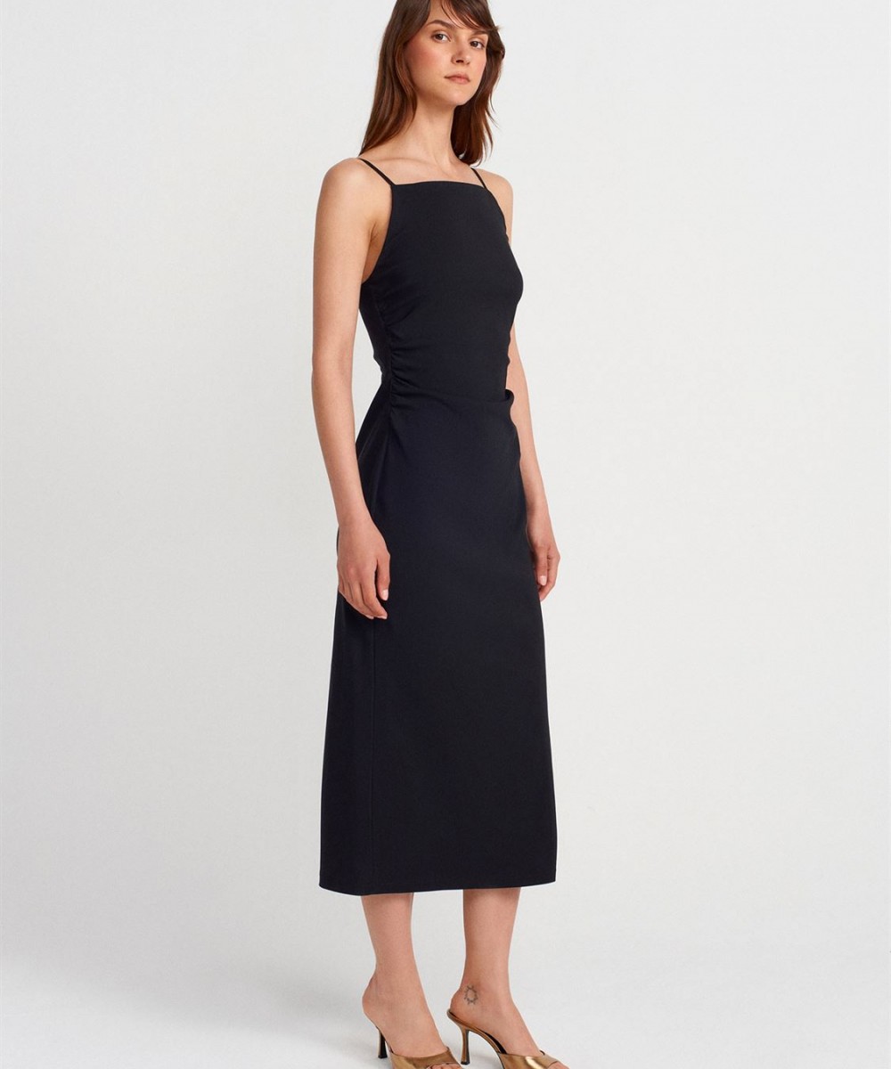 Büzgülü Midi Elbise-Siyah