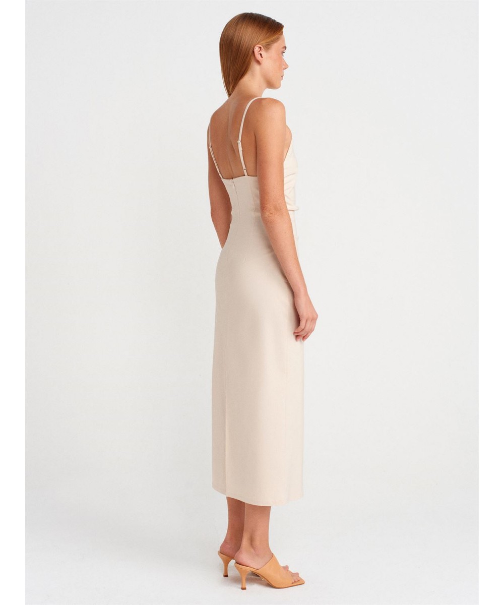 Büzgülü Midi Elbise-Taş