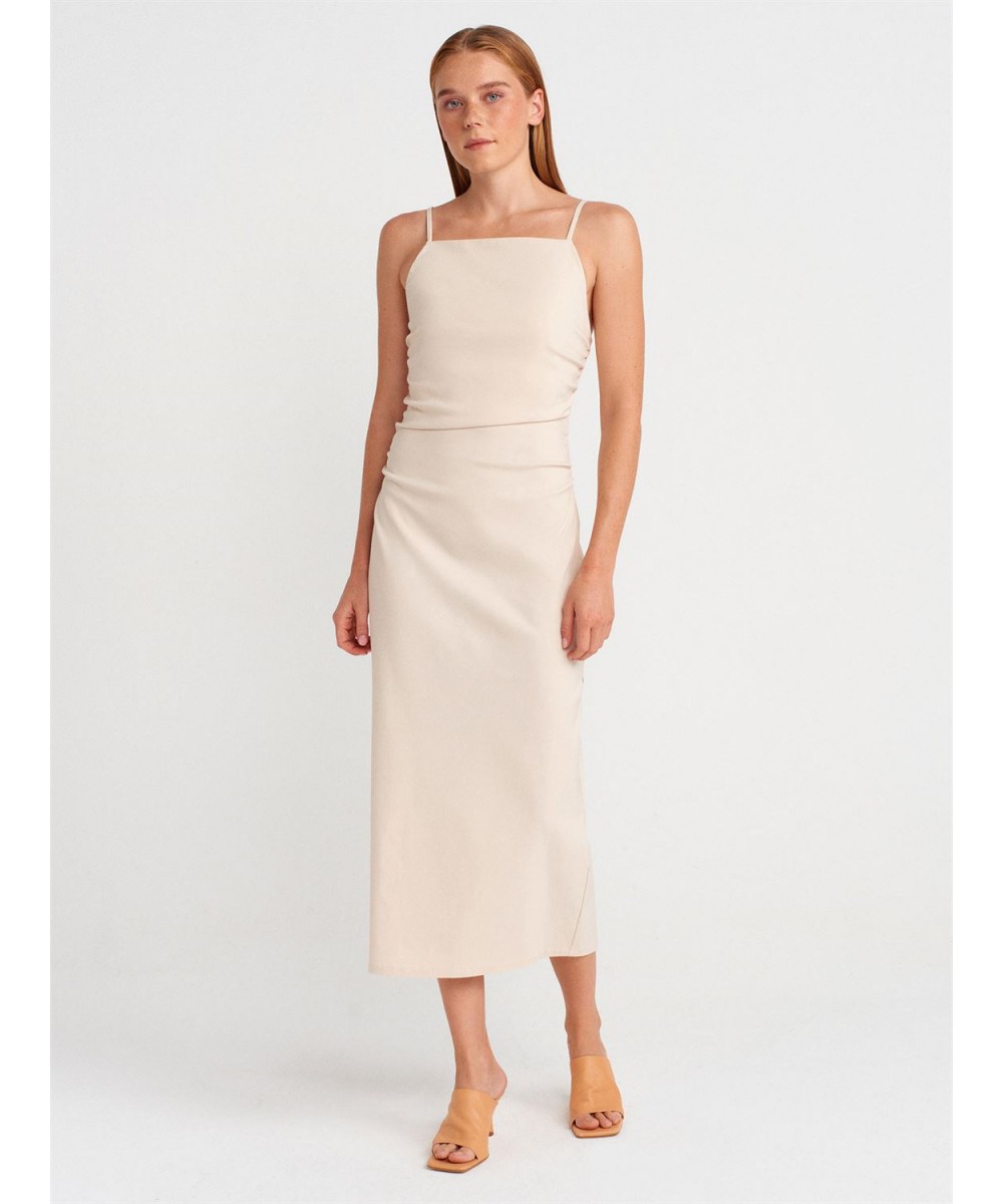 Büzgülü Midi Elbise-Taş