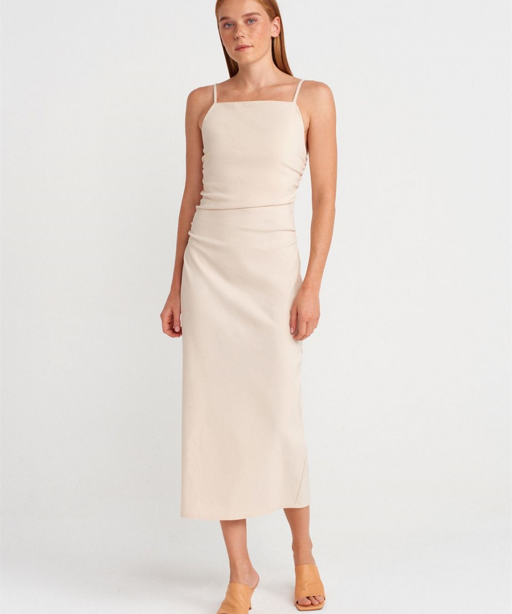 Büzgülü Midi Elbise-Taş