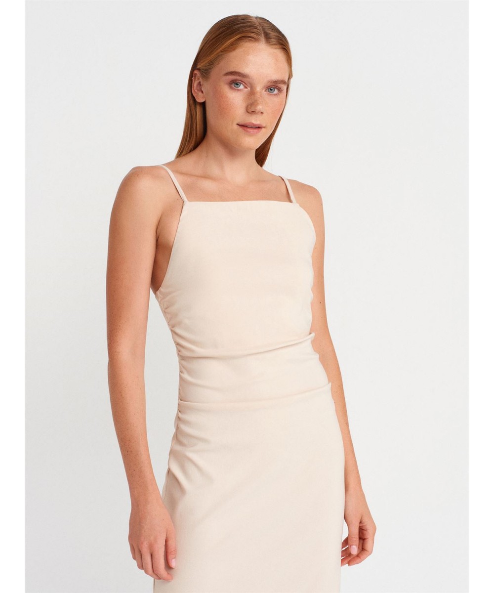 Büzgülü Midi Elbise-Taş