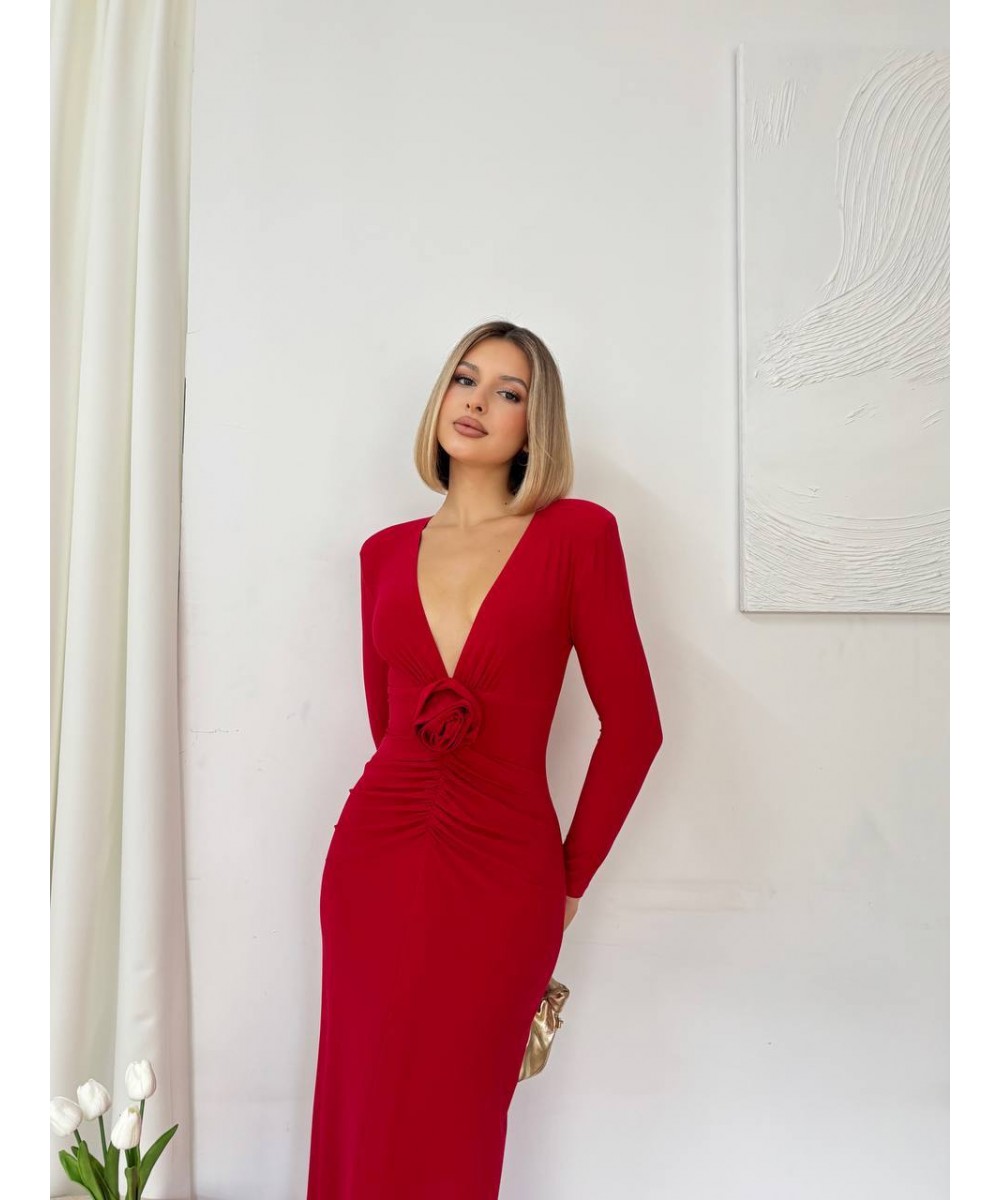 GÜL MOTİFLİ V YAKA KIRMIZI ABİYE 