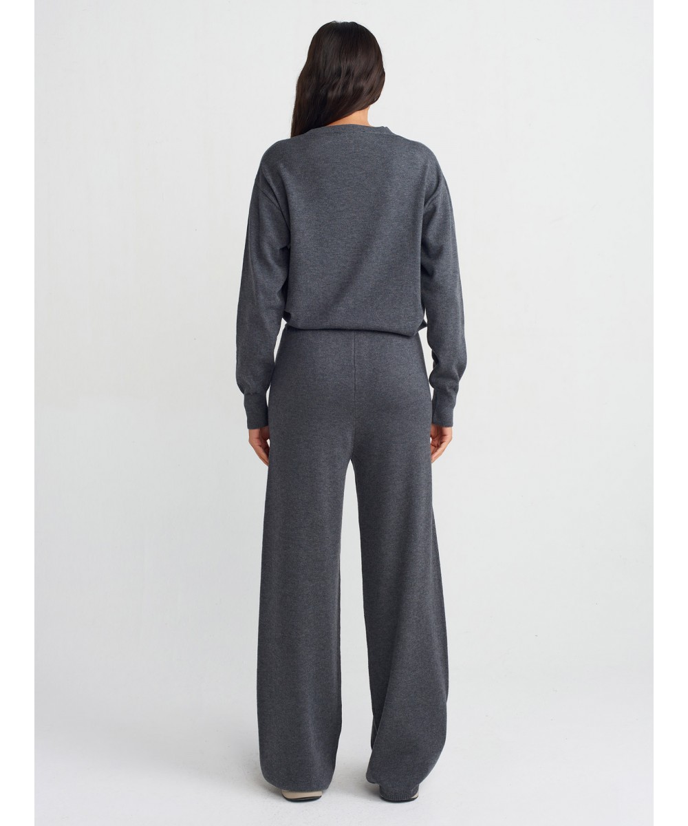 Beli Lastikli Yünlü Triko Pantolon-Füme M.