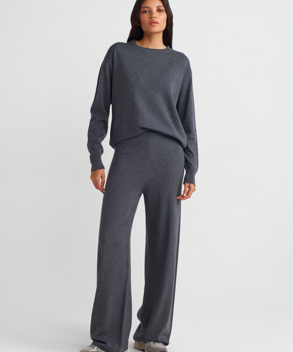 Beli Lastikli Yünlü Triko Pantolon-Füme M.