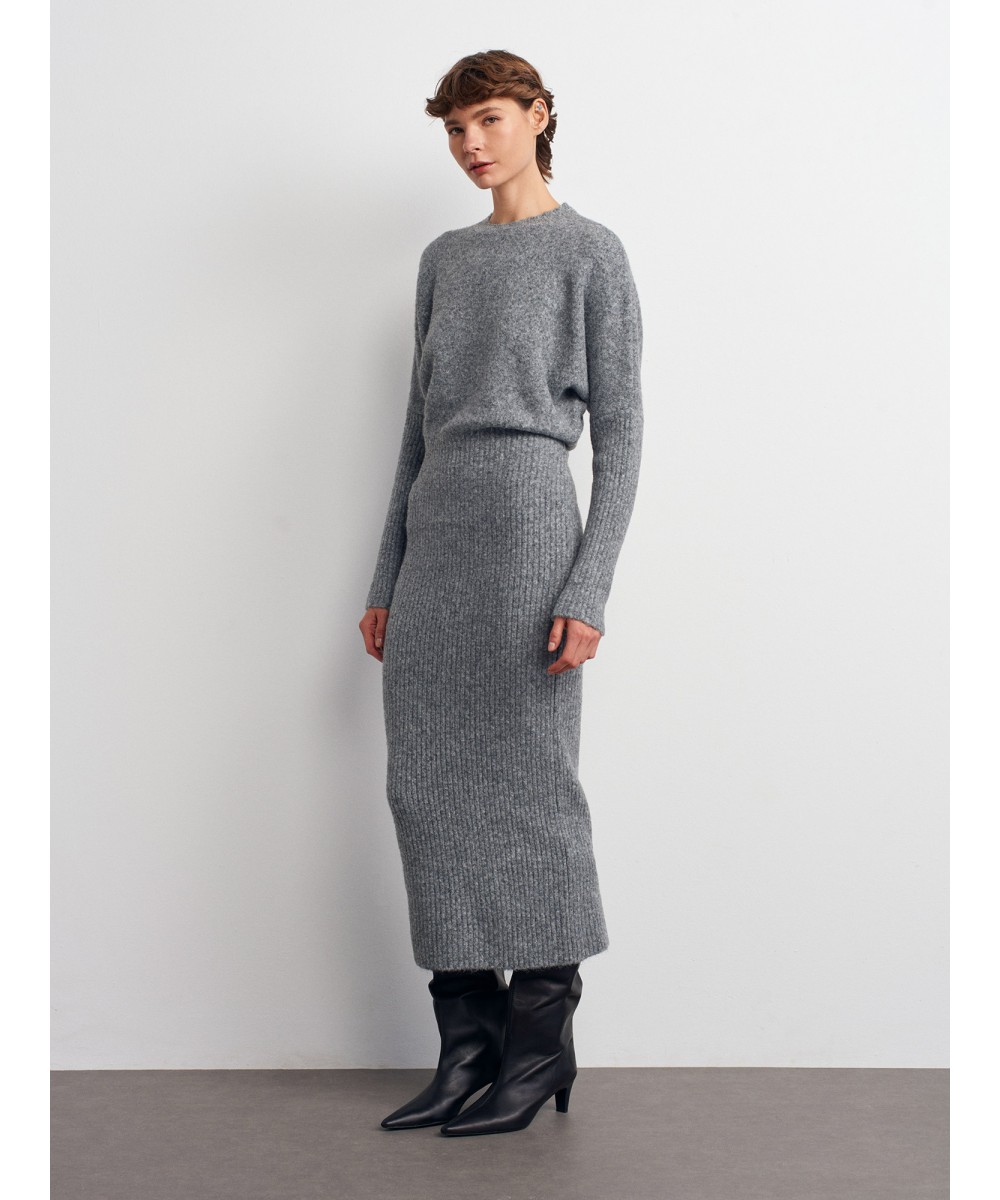 Bisiklet Yaka Yumuşak Dokulu Triko Elbise-Füme M.