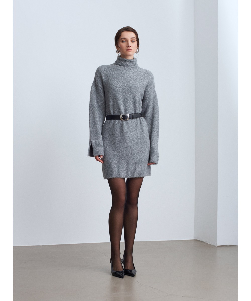 Balıkçı Yaka Triko Elbise-Füme M.