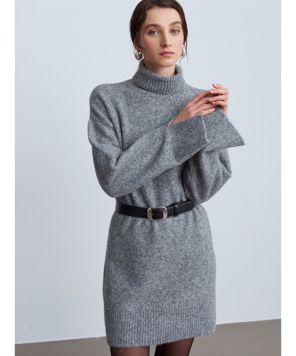 Balıkçı Yaka Triko Elbise-Füme M.