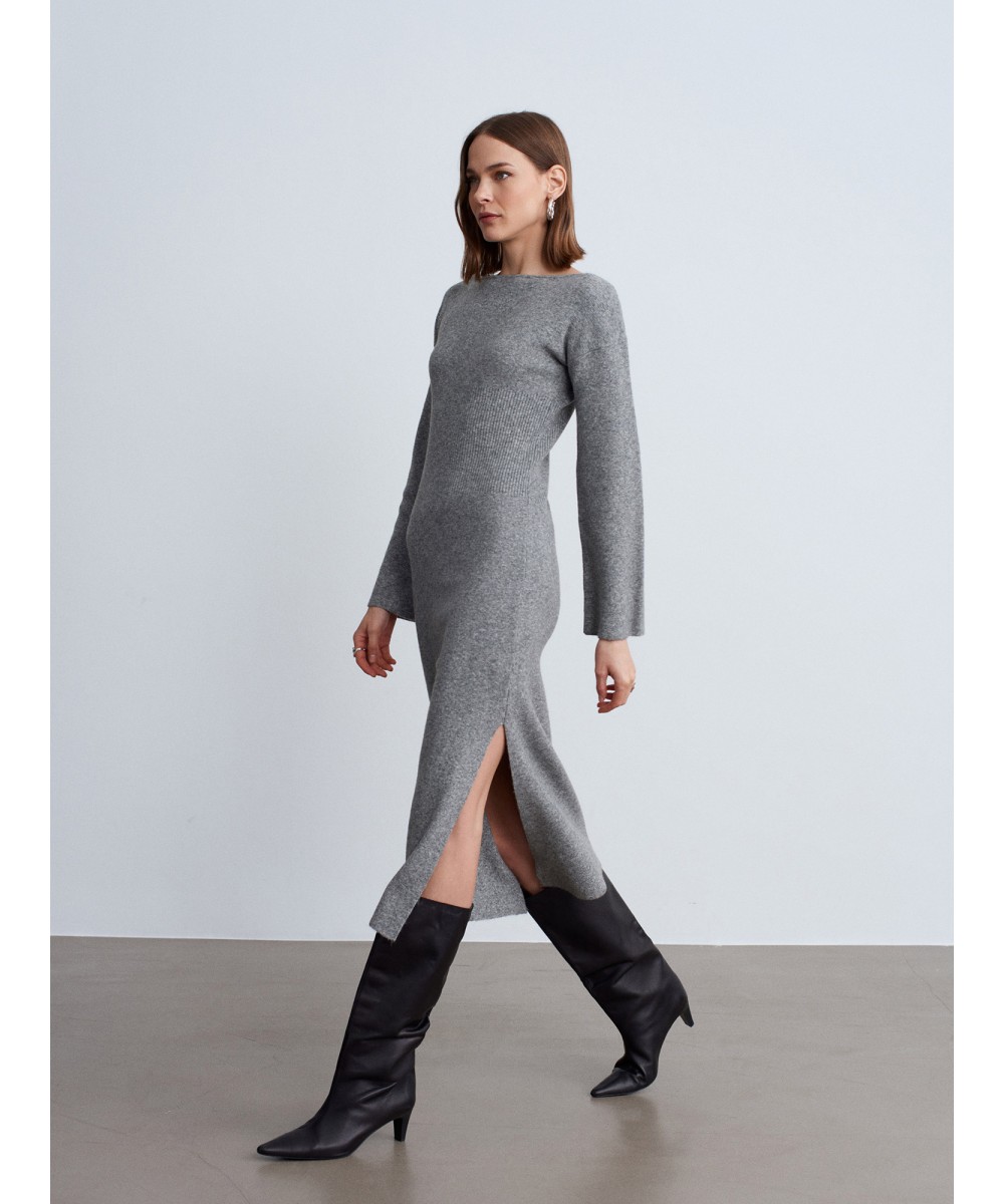 Kayık Yaka Yırtmaçlı Triko Elbise-Gri Melanj