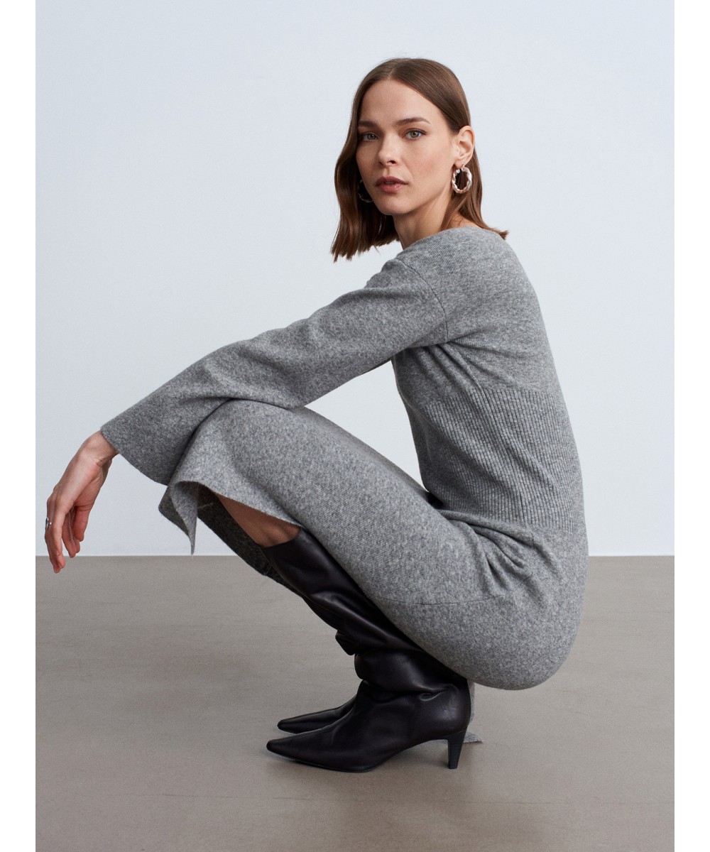 Kayık Yaka Yırtmaçlı Triko Elbise-Gri Melanj