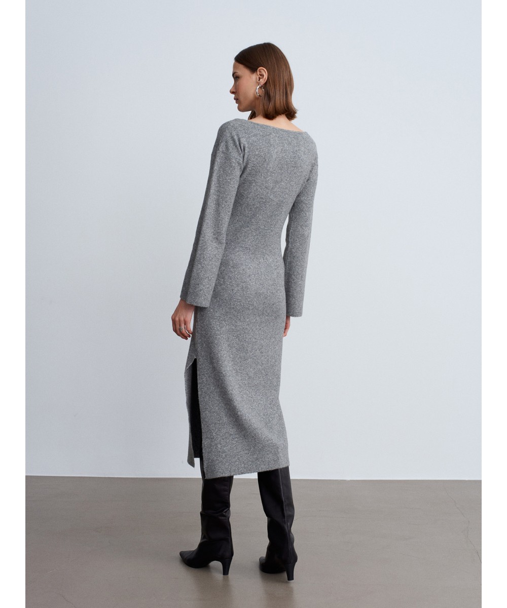 Kayık Yaka Yırtmaçlı Triko Elbise-Gri Melanj