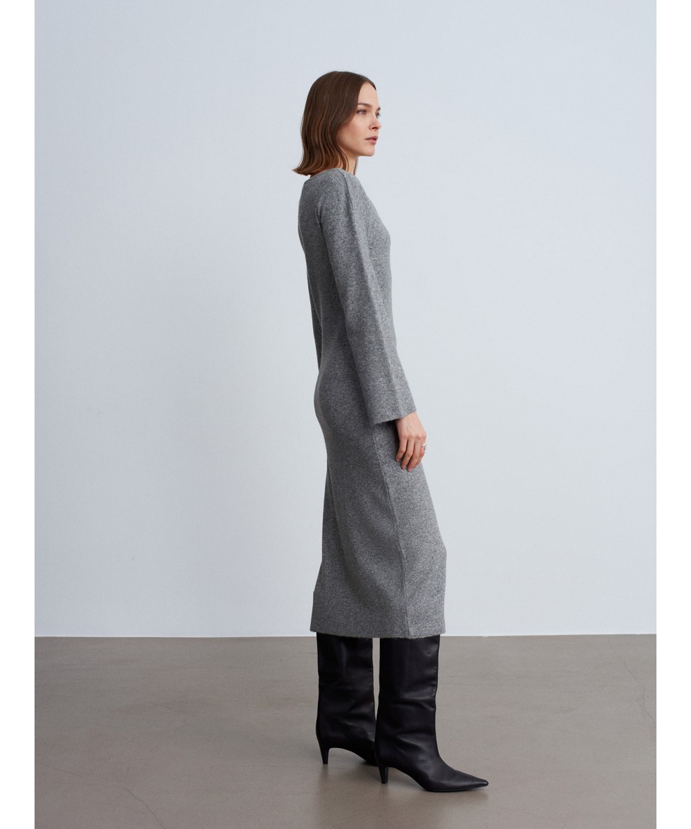 Kayık Yaka Yırtmaçlı Triko Elbise-Gri Melanj