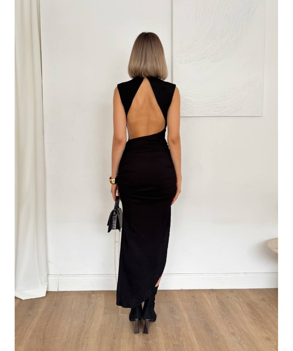 KAHVERENGİ SIRT DEKOLTELİ MİDİ BOY ELBİSE