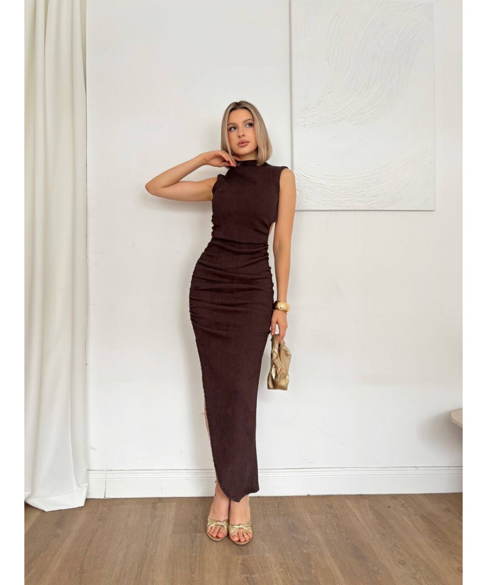 SIRT DEKOLTELİ KAHVERENGİ ELBİSE