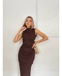 SIRT DEKOLTELİ KAHVERENGİ ELBİSE
